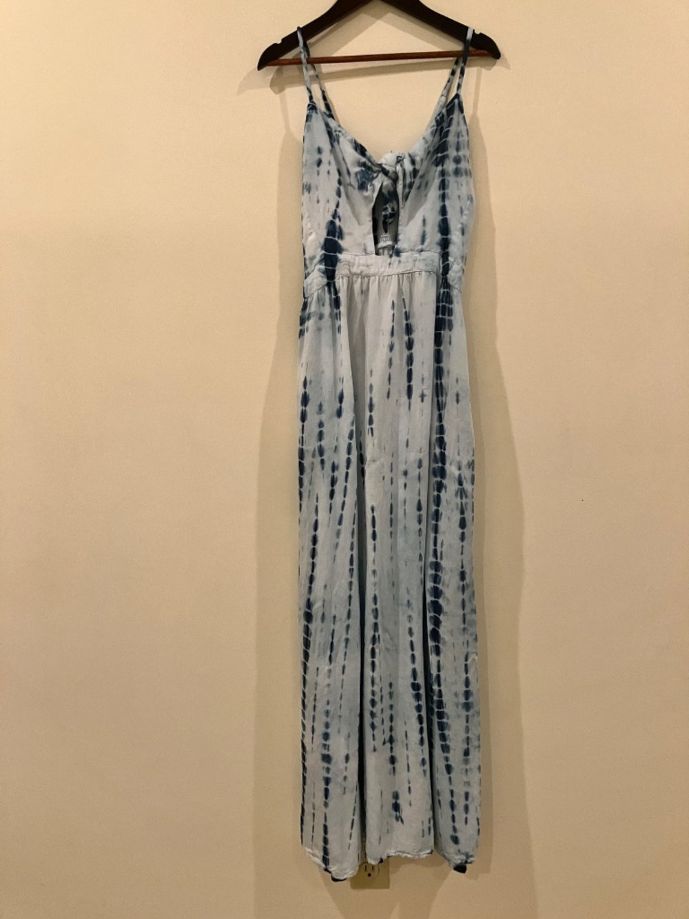 Romantic Boho Me Tie Dye Blue Maxi Dress Smocked Back Tie Front M
